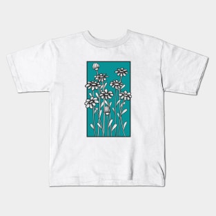 Black and white daisy flower doodle illustration in blue background Kids T-Shirt